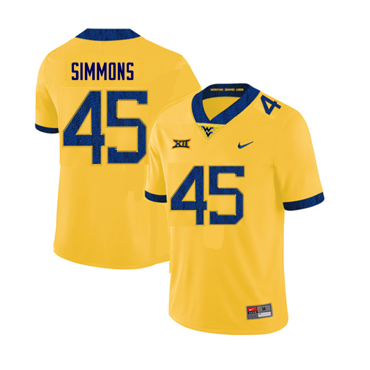 NCAA Men's Taurus Simmons West Virginia Mountaineers Yellow #45 Nike Stitched Football College Authentic Jersey QV23X83YW
